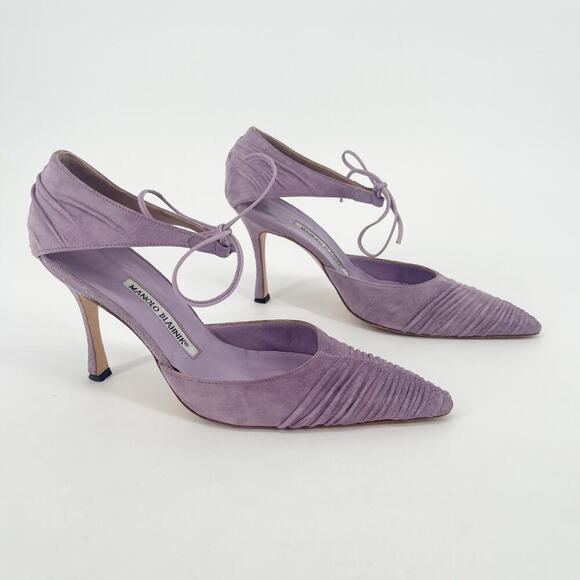 Manolo Blahnik Retro Lavender Suede Ruched Ankle Tie Pointed Toe Pump size IT 40 - Picture 2 of 11